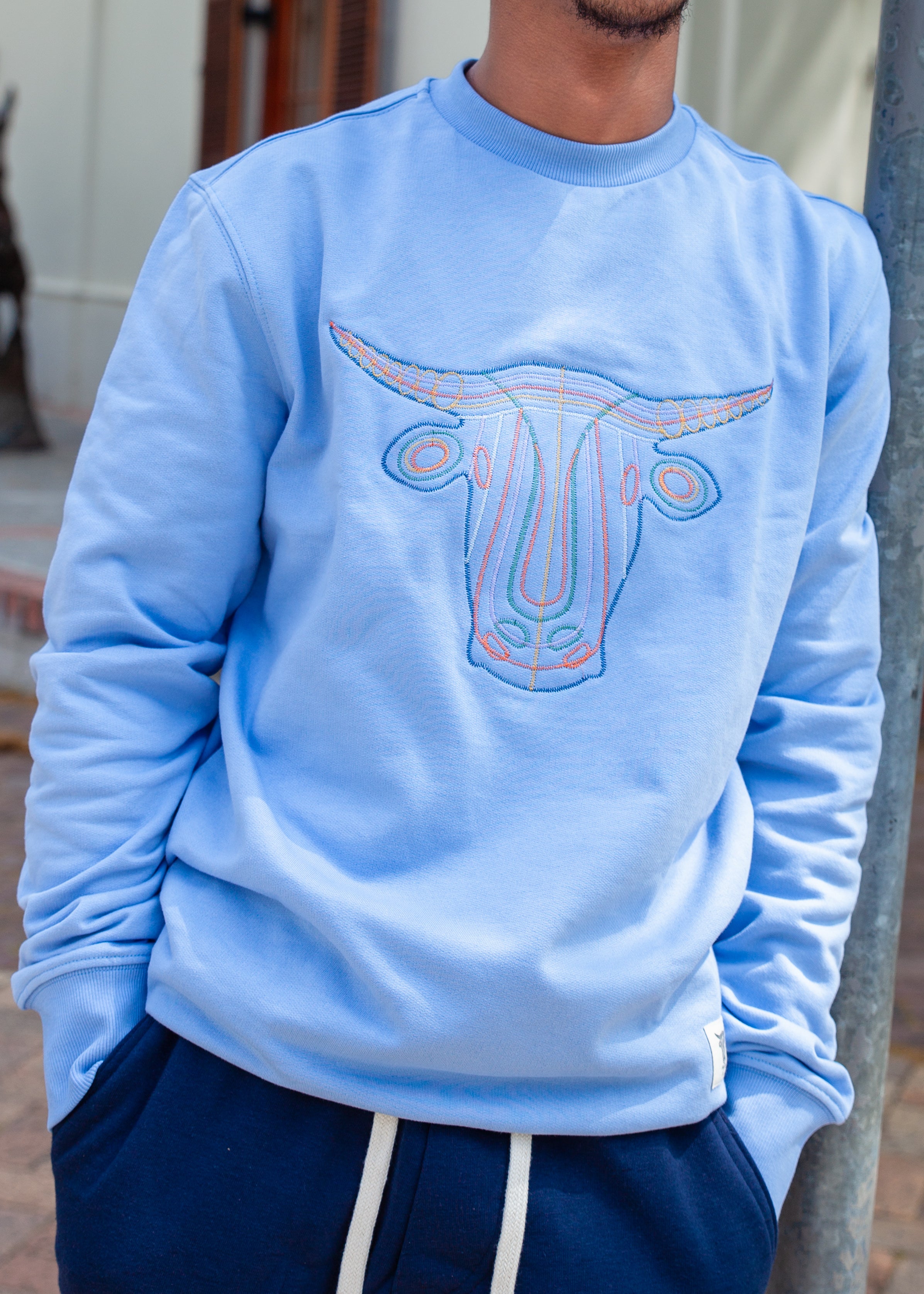 Blue embroidery crew neck sweater