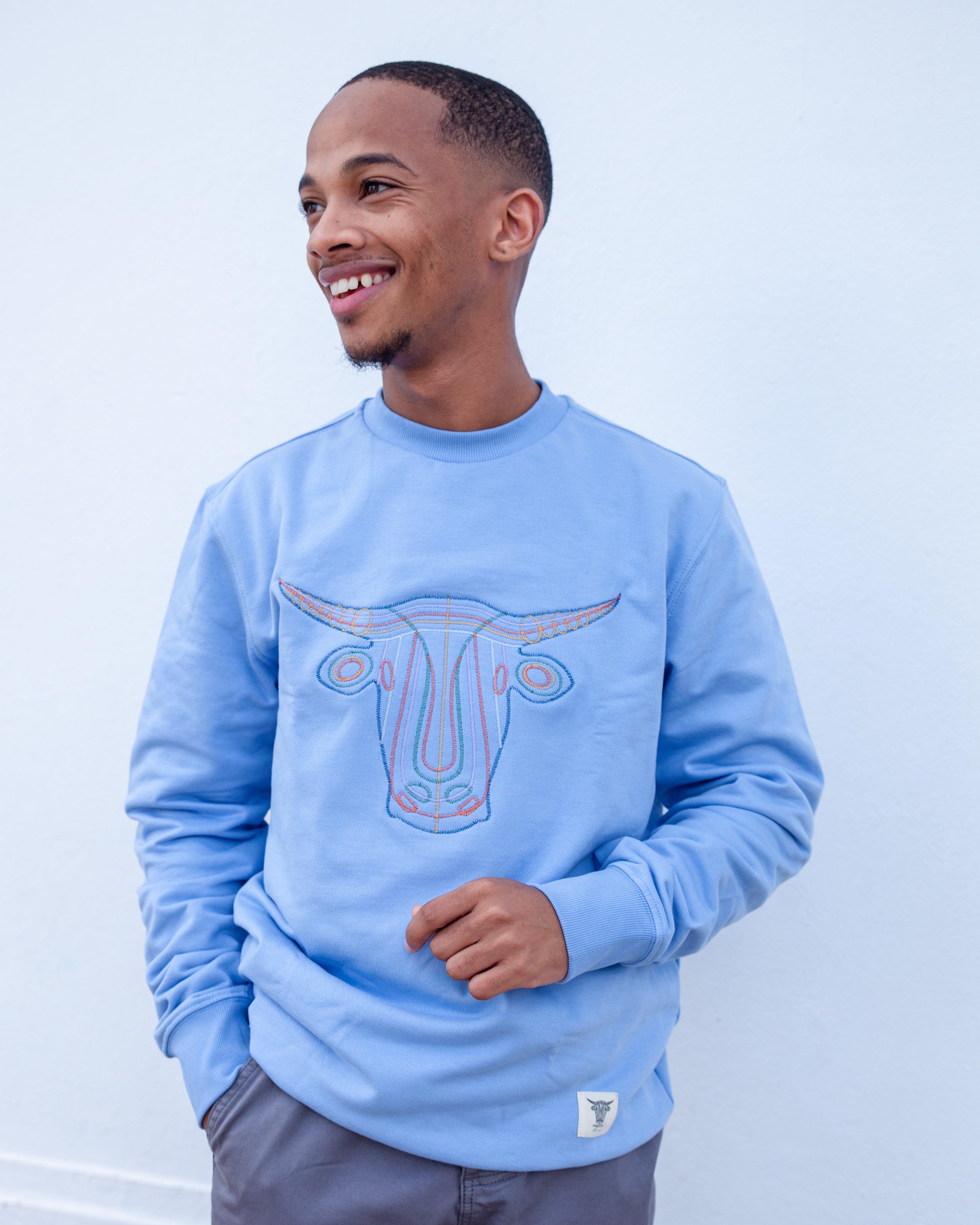 Blue embroidery crew neck sweater