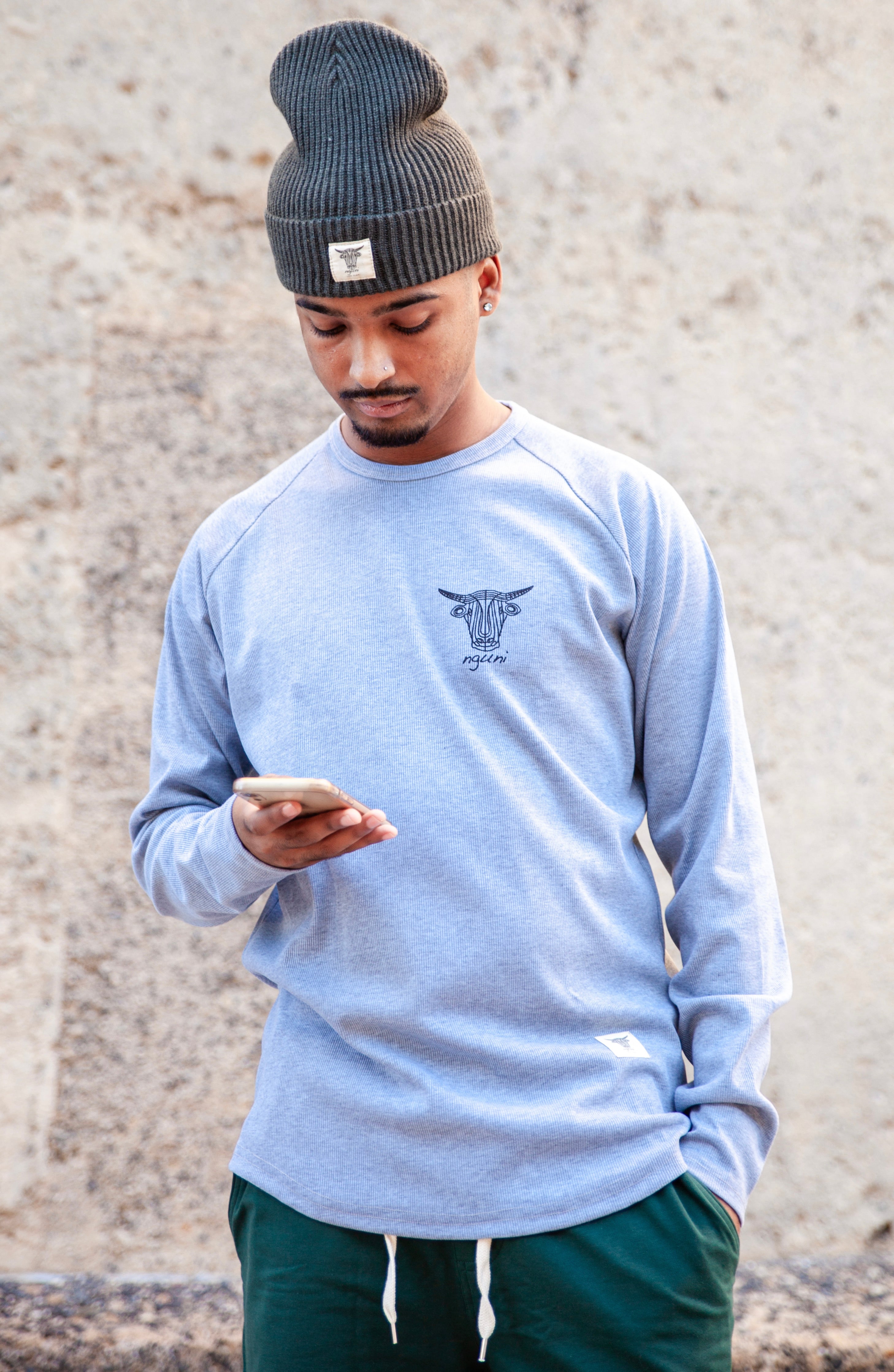 Grey melange long sleeve rib top