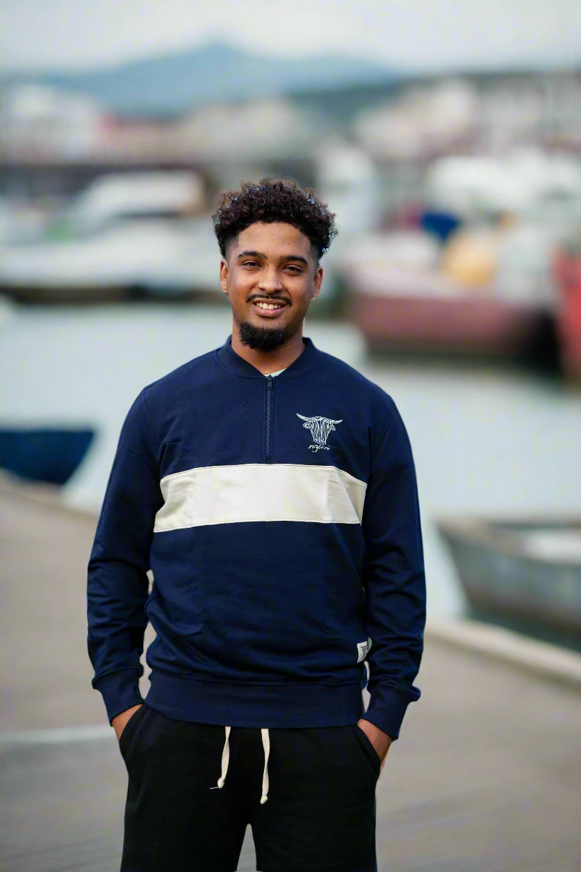 Navy + cream zip up sweater
