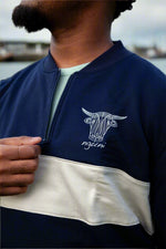 Load image into Gallery viewer, Navy + cream zip up sweater
